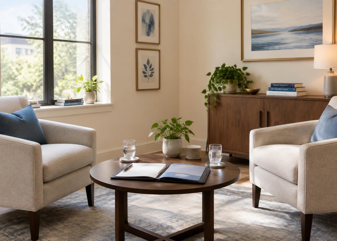 Two chairs facing each other across a table set for a financial consultation