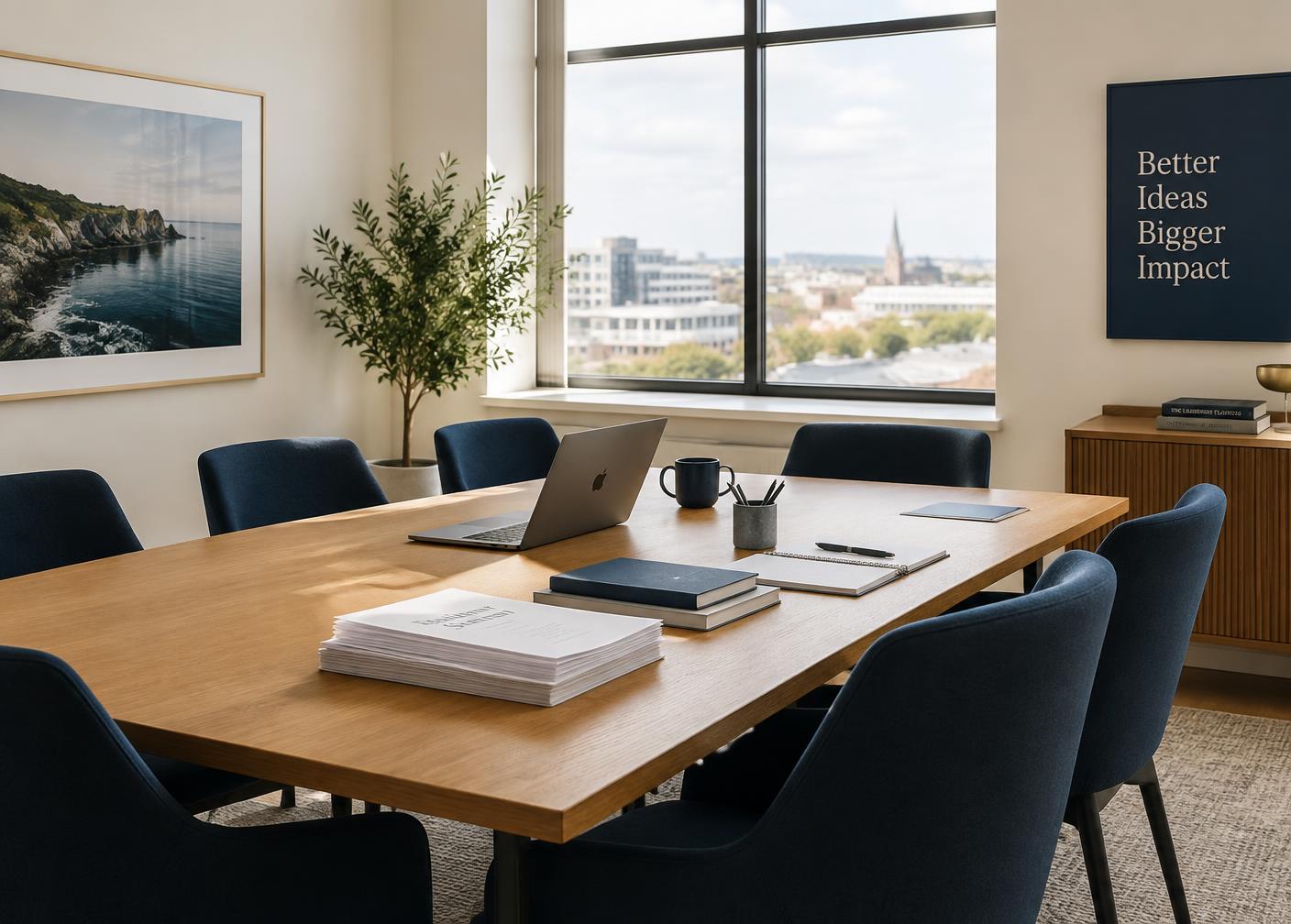 A bright, organized small-business conference room